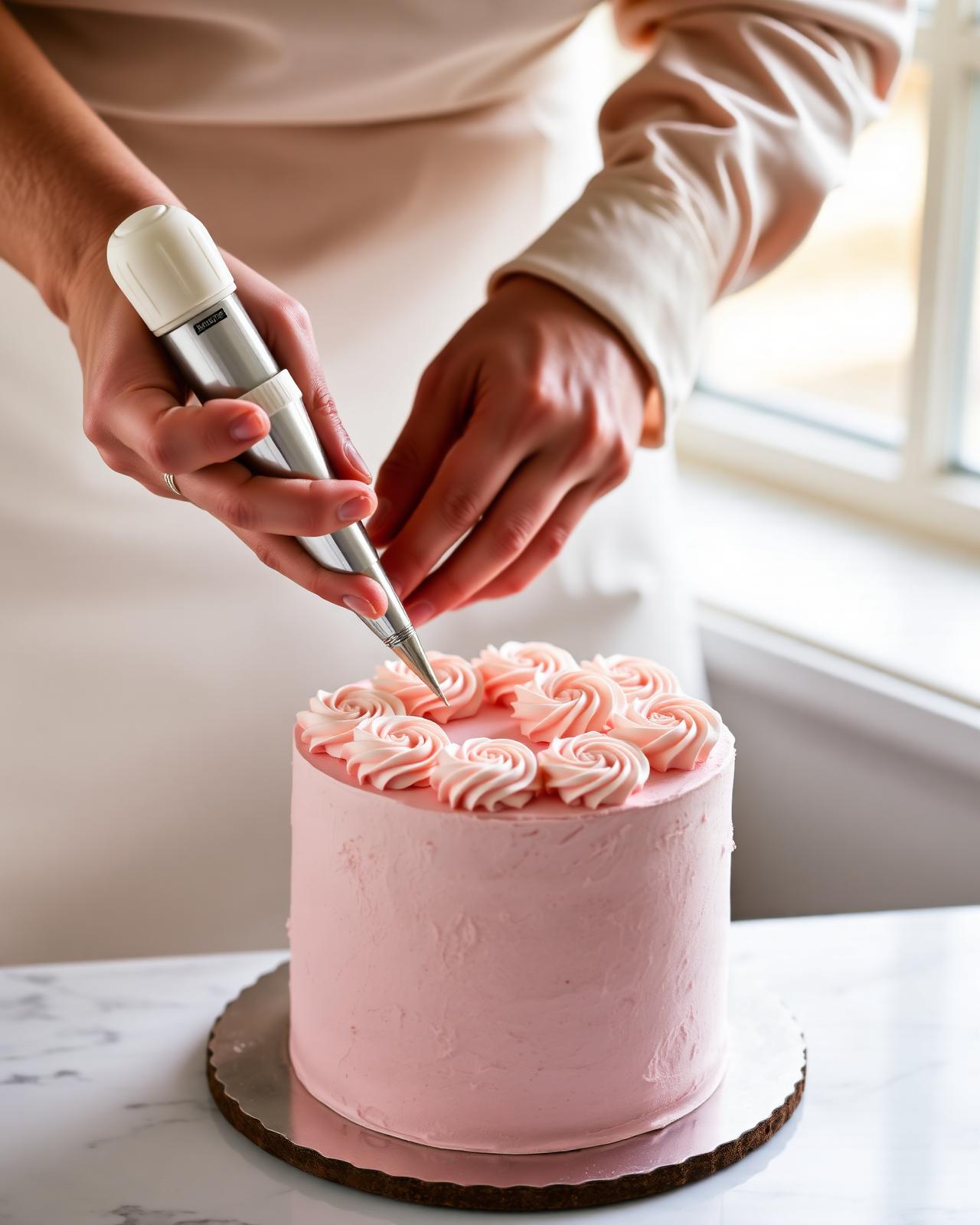 Baker piping rosettes onto a pink cake