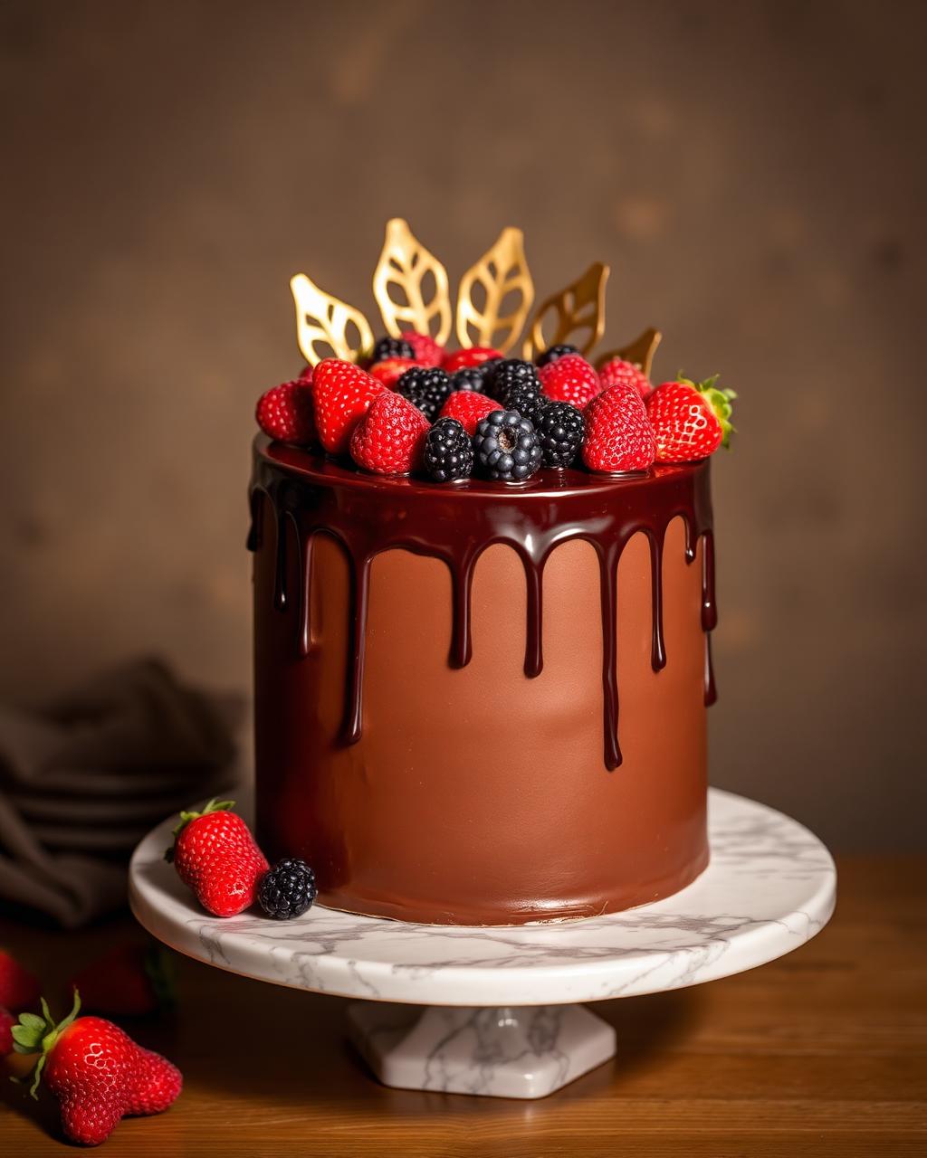 Chocolate ganache drip cake with berries