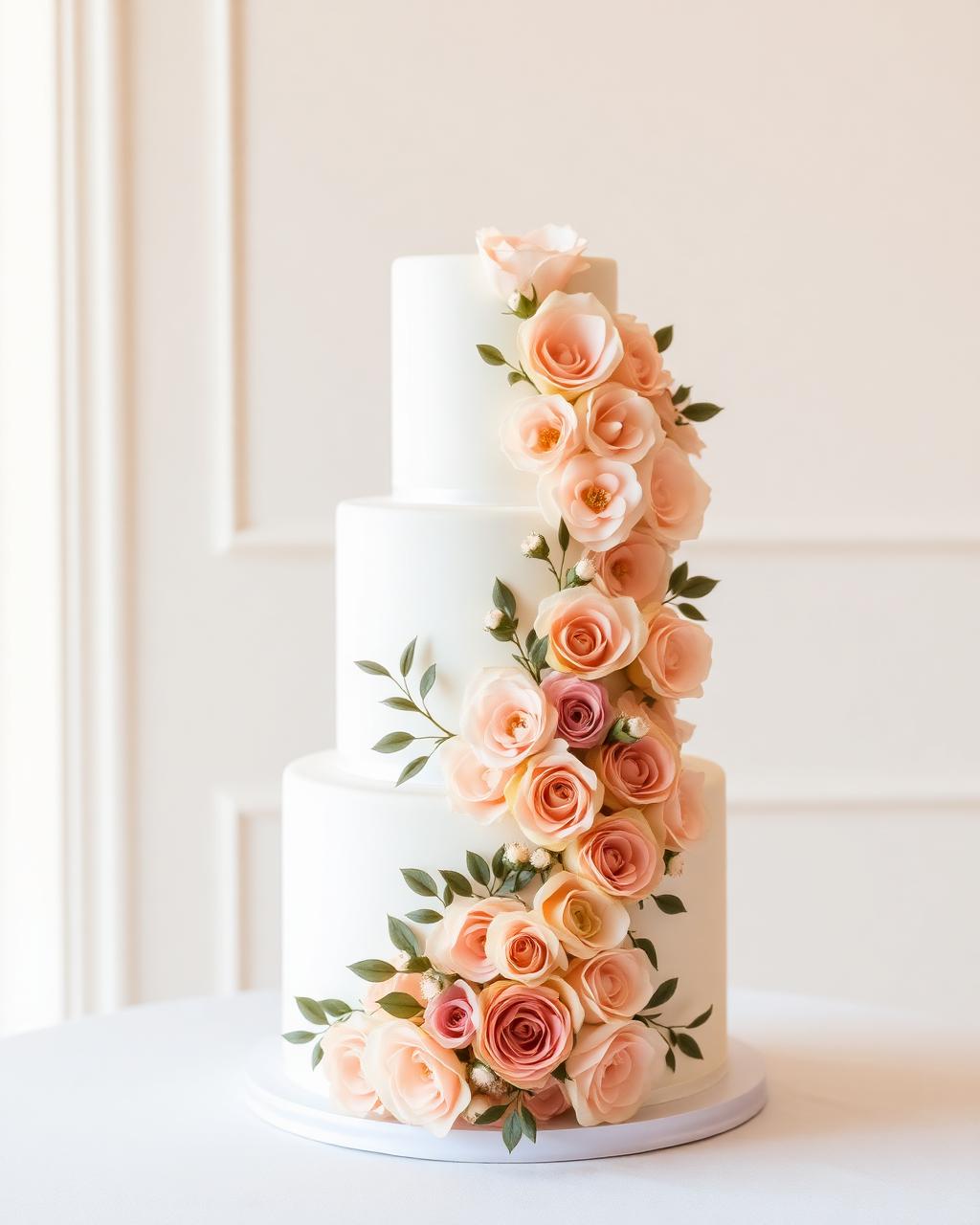 Three tier white wedding cake with cascading roses