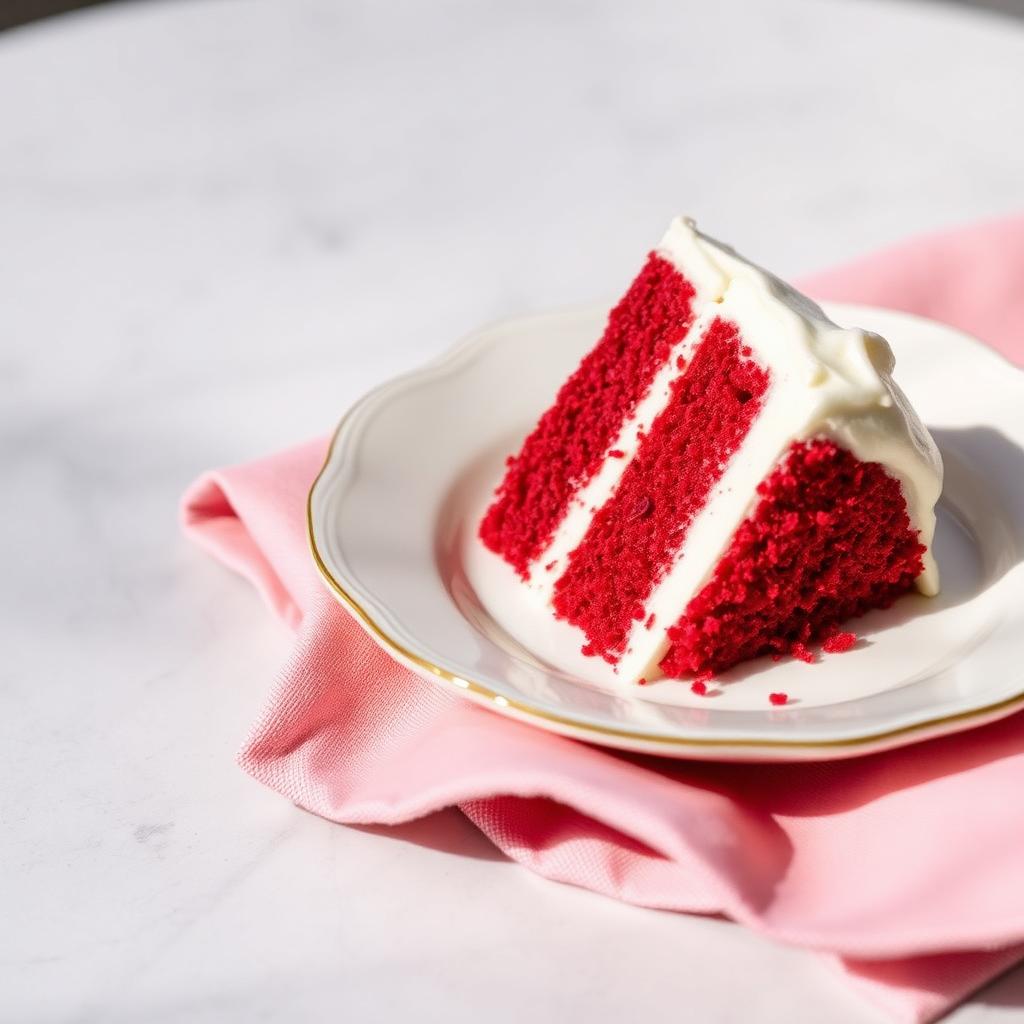 Red velvet cake slice on porcelain plate